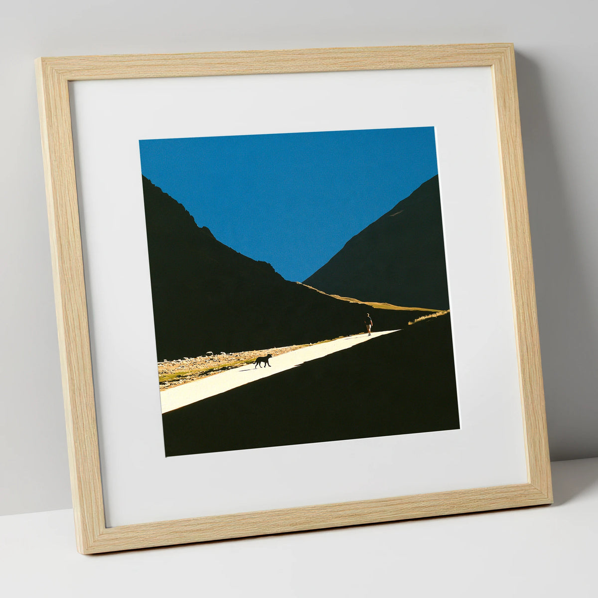 Silhouettes on Sunlit Wasdale Path gifts for dog walkers art print in natural frame