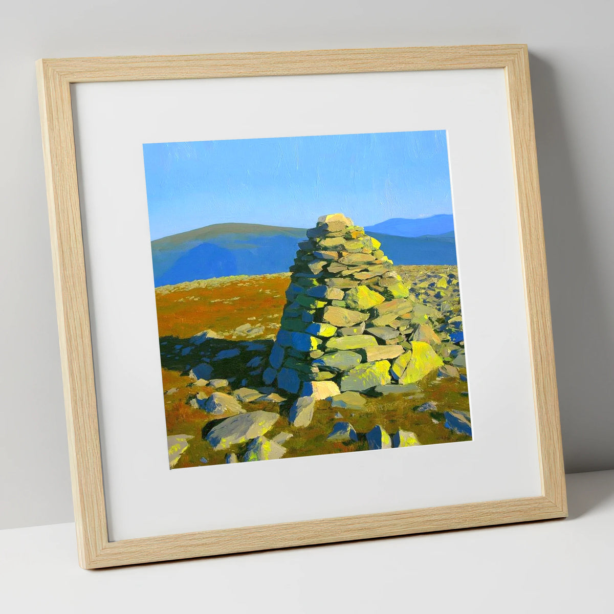 Sunlit Cairn on Brim Fell lake district fell art print in natural frame
