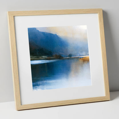 Indigo Fells and Lake Mist lake district lake art print in natural frame