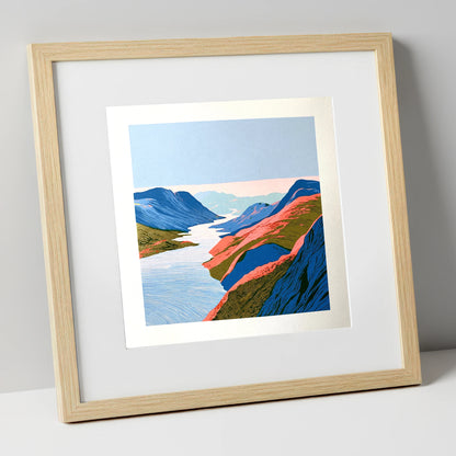 Vibrant Summit View Over the Lake lake district fell art print in natural frame