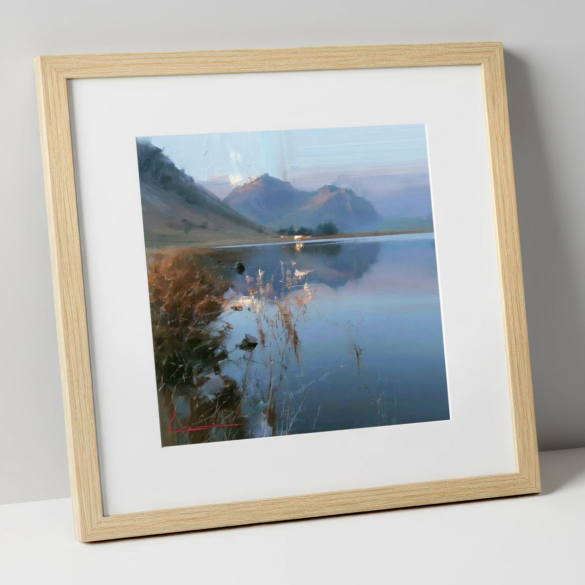 Still Reflections at Loweswater lake district lake art print in natural frame