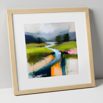 Vibrant Winding River and Valley lake district waterfall art print in natural frame