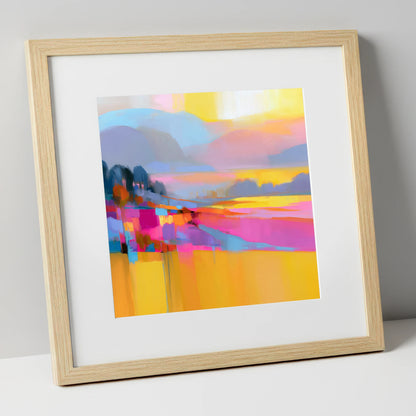 Magenta and Gold Valley Mist lake district sky art print in natural frame