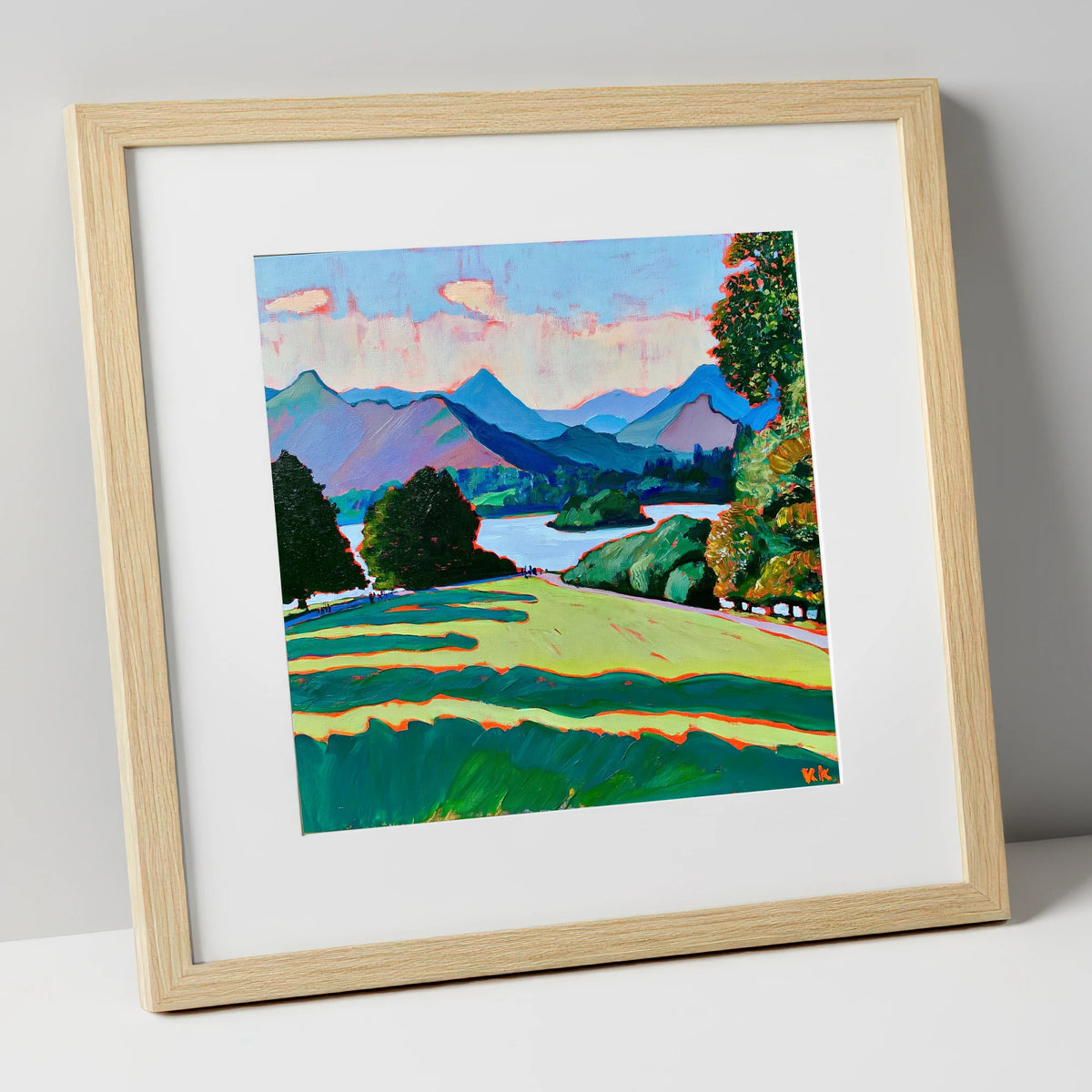 Vibrant Derwentwater From Crow Park lake district village art print in natural frame
