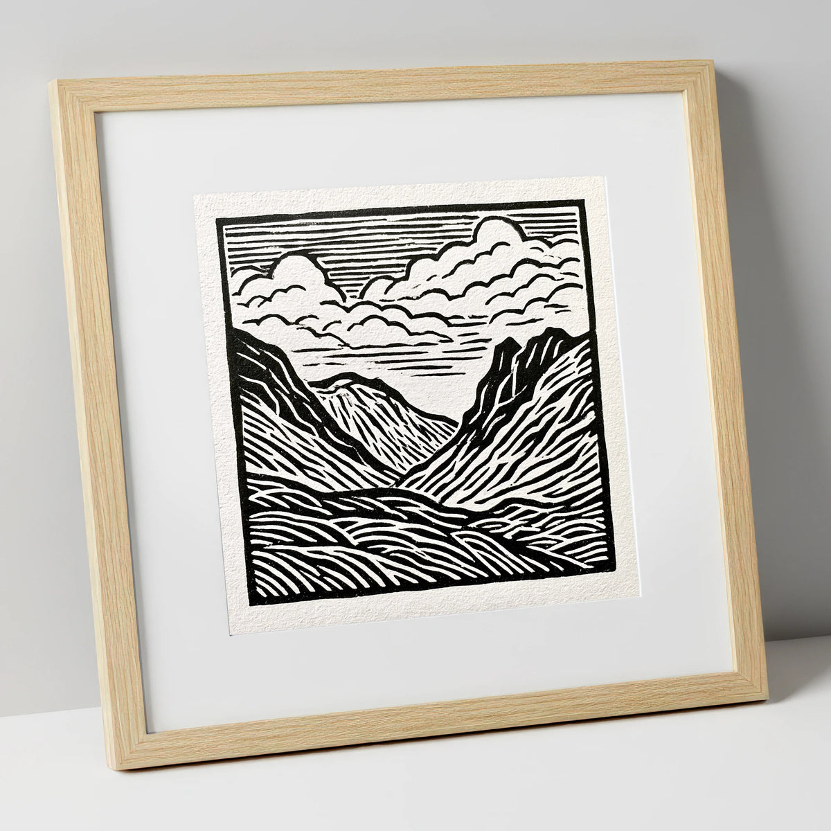 Monochrome Great Langdale Valley lake district valley art print in natural frame