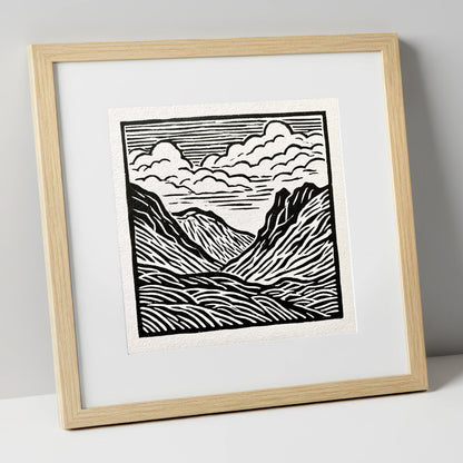 Monochrome Great Langdale Valley lake district valley art print in natural frame