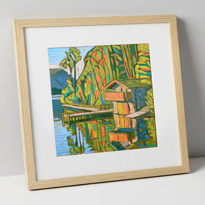 Vivid Pooley Bridge Boathouse lake district village art print in natural frame