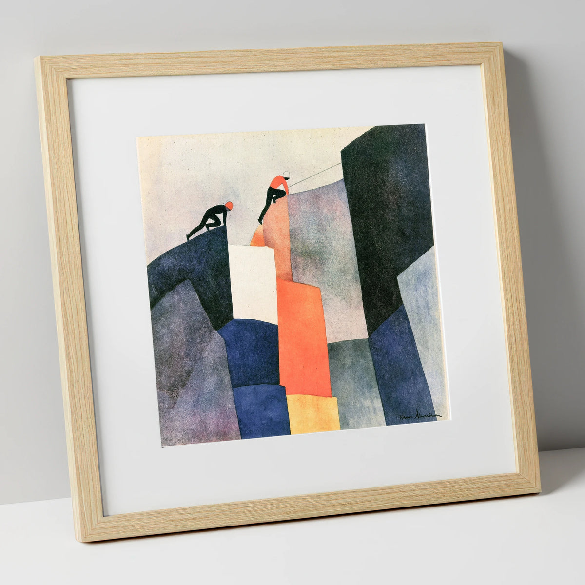 Climbers Ascending a Geometric Crag lake district walking art print in natural frame