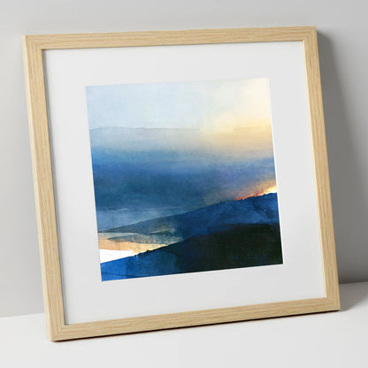 Summit View in Deep Indigo lake district fell art print in natural frame