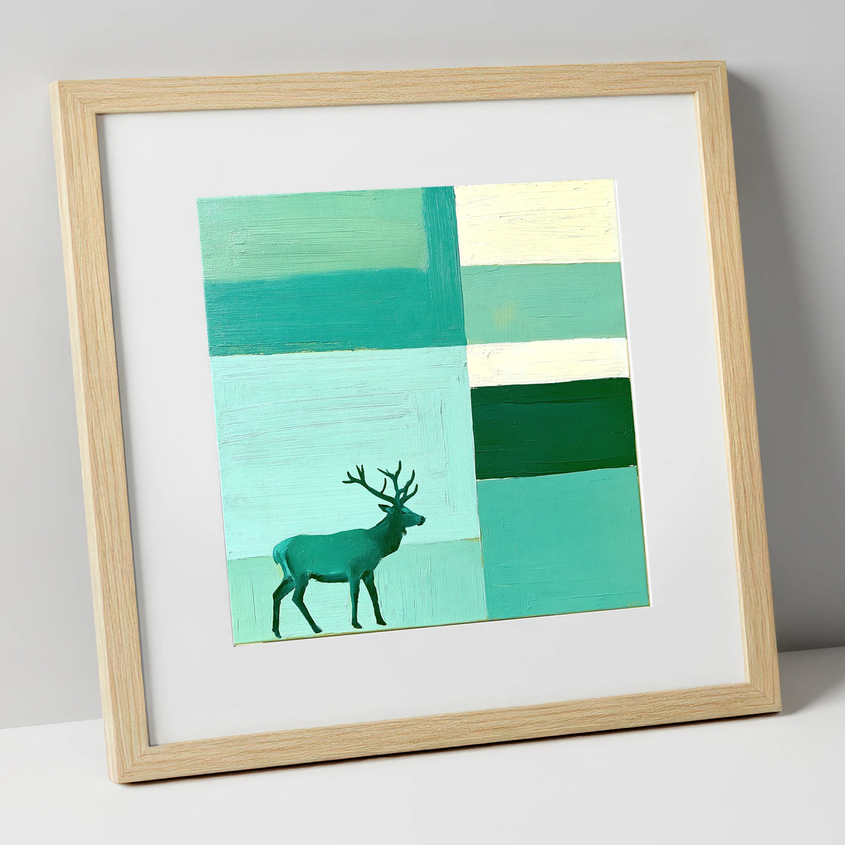 Abstract Teal Red Deer Stag lake district wildlife art print in natural frame