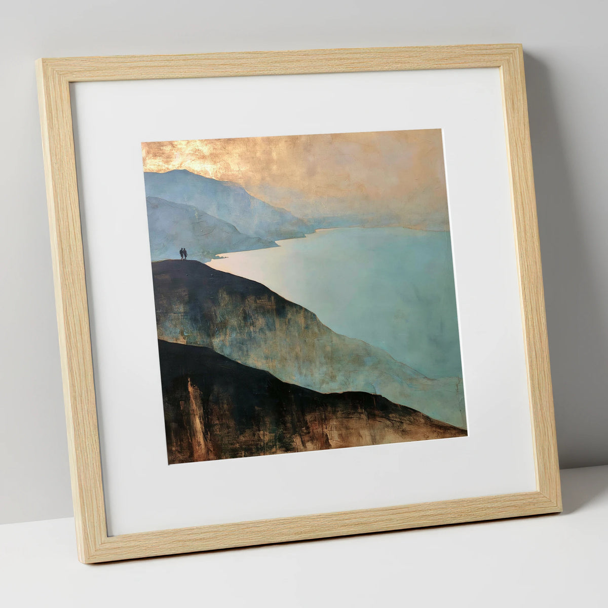 Walkers on Catbells Ridge lake district fell art print in natural frame