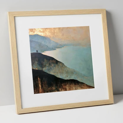 Walkers on Catbells Ridge lake district fell art print in natural frame
