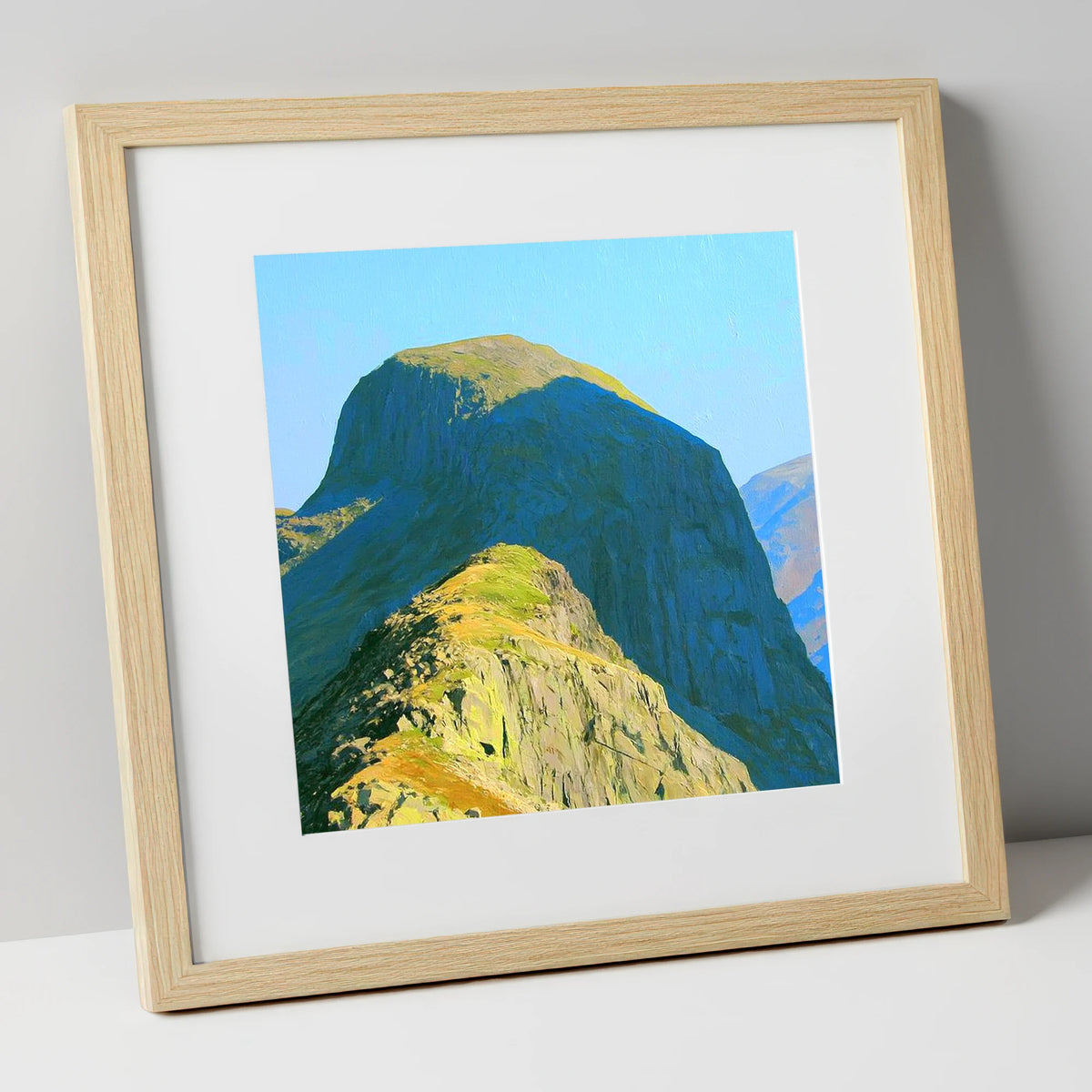 Sunlit Pike of Stickle Dome lake district fell art print in natural frame
