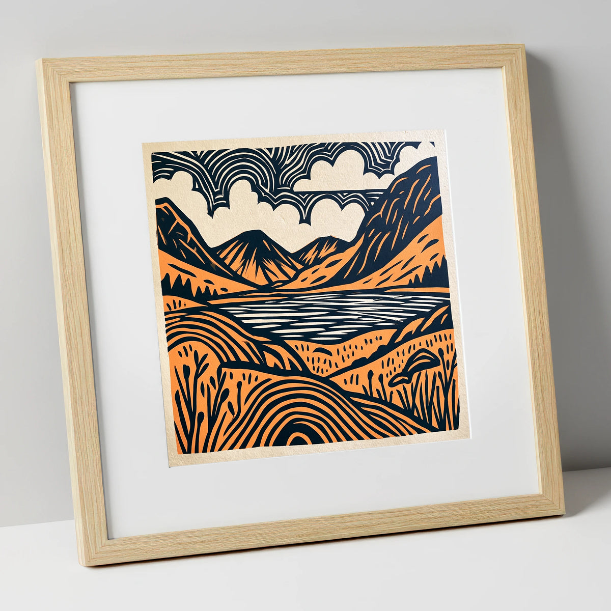 Ennerdale Water in Terracotta and Navy lake district valley art print in natural frame