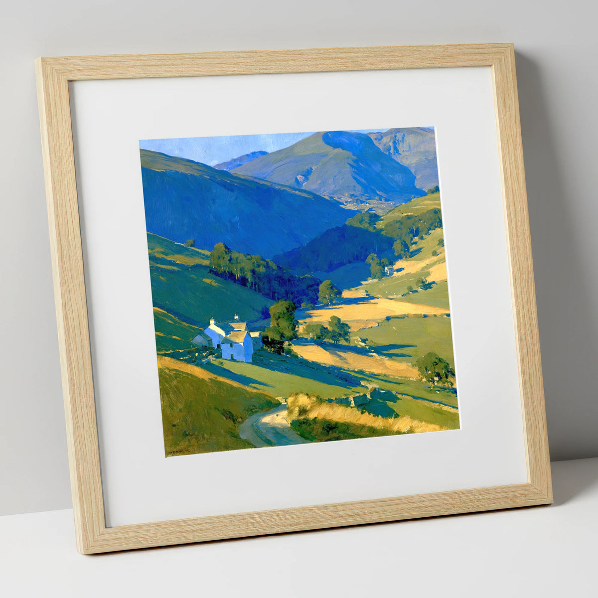 Valley Farm in Evening Light lake district sky art print in natural frame