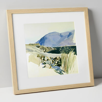 Styhead Tarn and Blue Fells lake district fell art print in natural frame