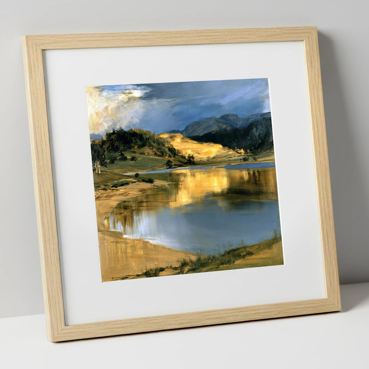 Lake Reflections in Golden Light lake district lake art print in natural frame