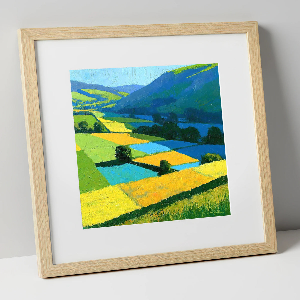Cobalt And Yellow Dale Fields lake district valley art print in natural frame