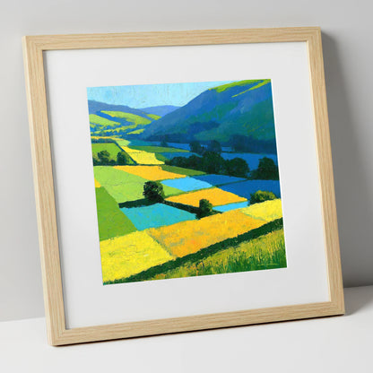 Cobalt And Yellow Dale Fields lake district valley art print in natural frame