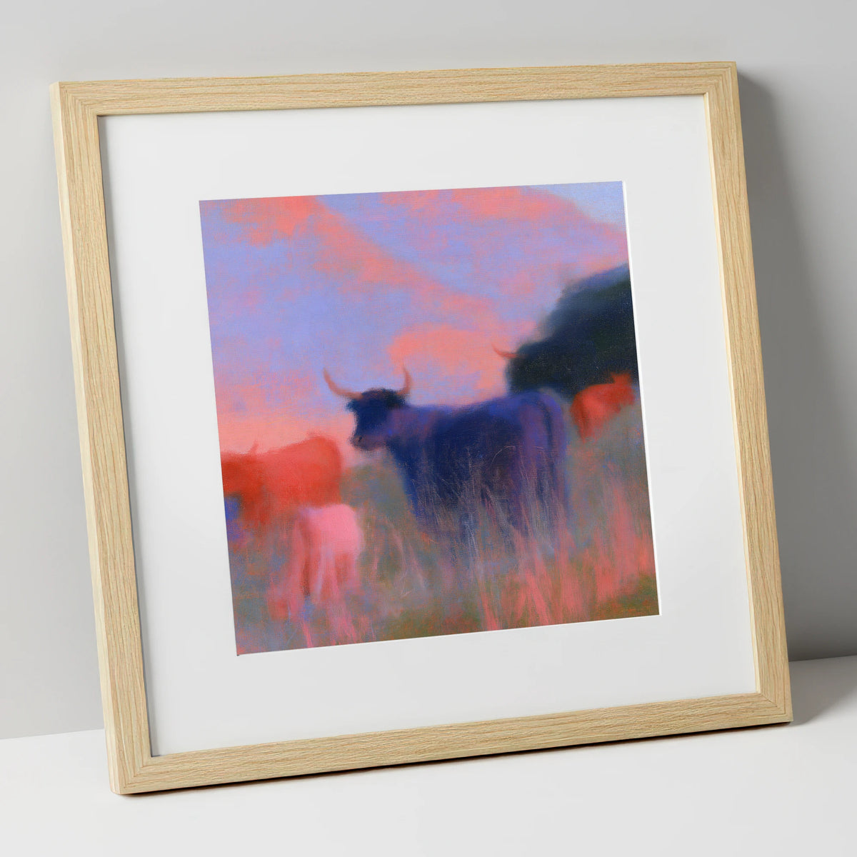 Highland Cattle in Violet Dusk lake district wildlife art print in natural frame