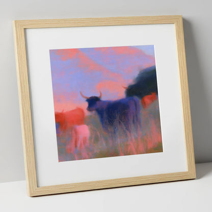 Highland Cattle in Violet Dusk lake district wildlife art print in natural frame