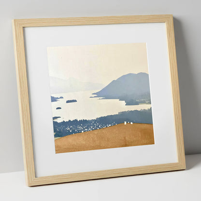 Misty Derwentwater from Latrigg lake district village art print in natural frame
