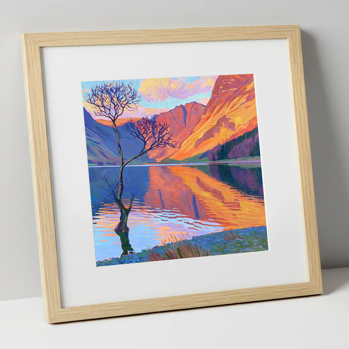 Vibrant Lone Tree at Buttermere lake district lake art print in natural frame