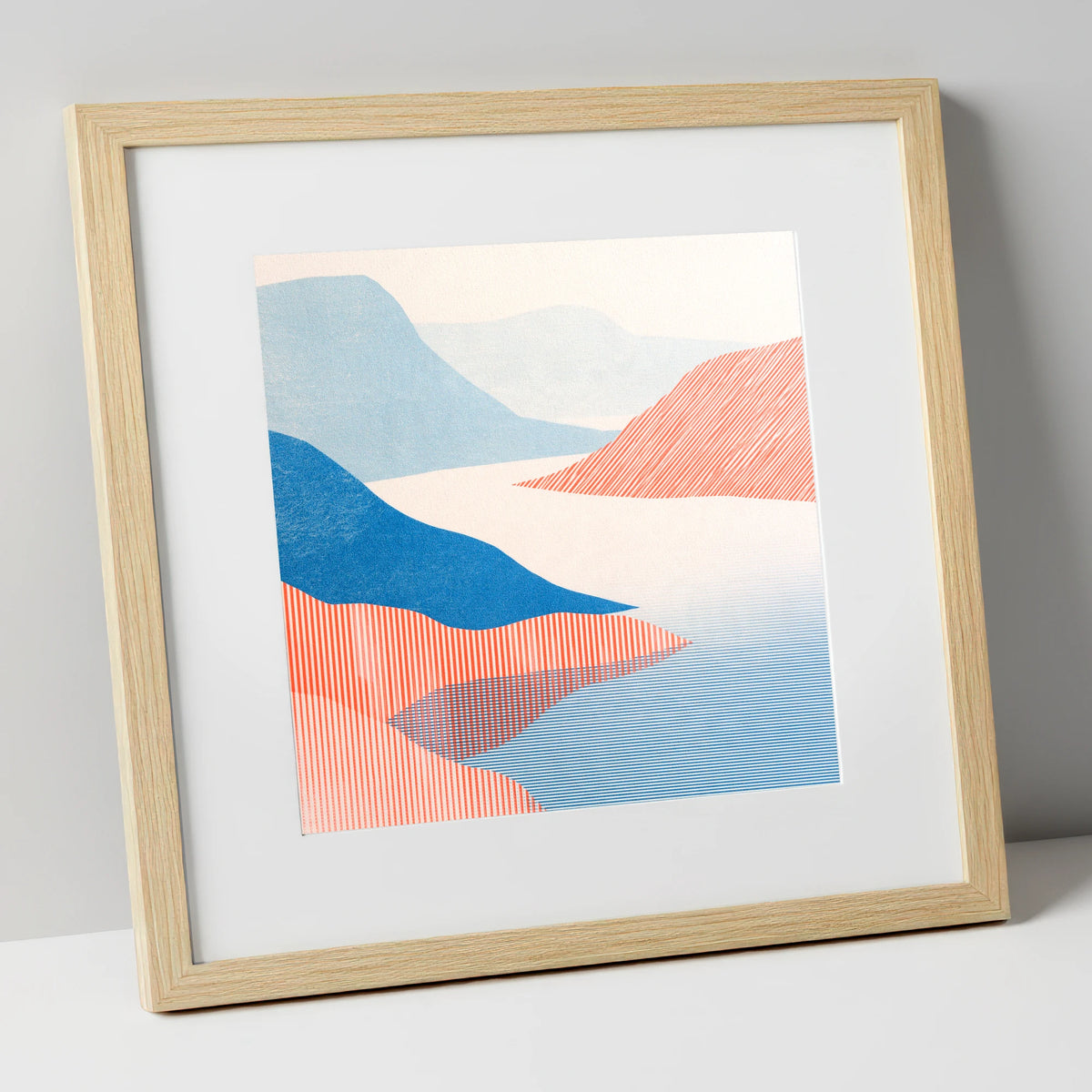 Coniston Water Fells in Coral lake district lake art print in natural frame