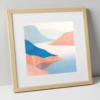 Coniston Water Fells in Coral lake district lake art print in natural frame