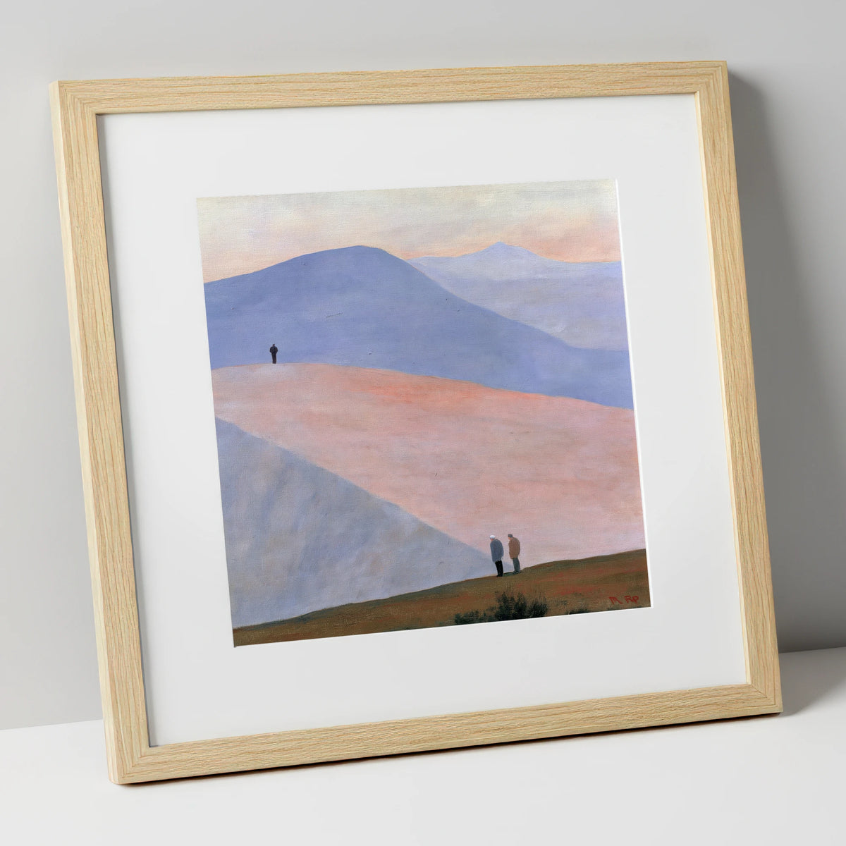 Hikers on Sweeping Pastel Fells lake district fell art print in natural frame