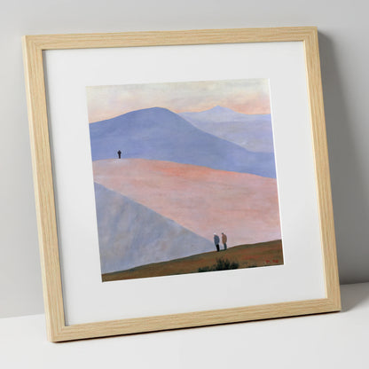 Hikers on Sweeping Pastel Fells lake district fell art print in natural frame