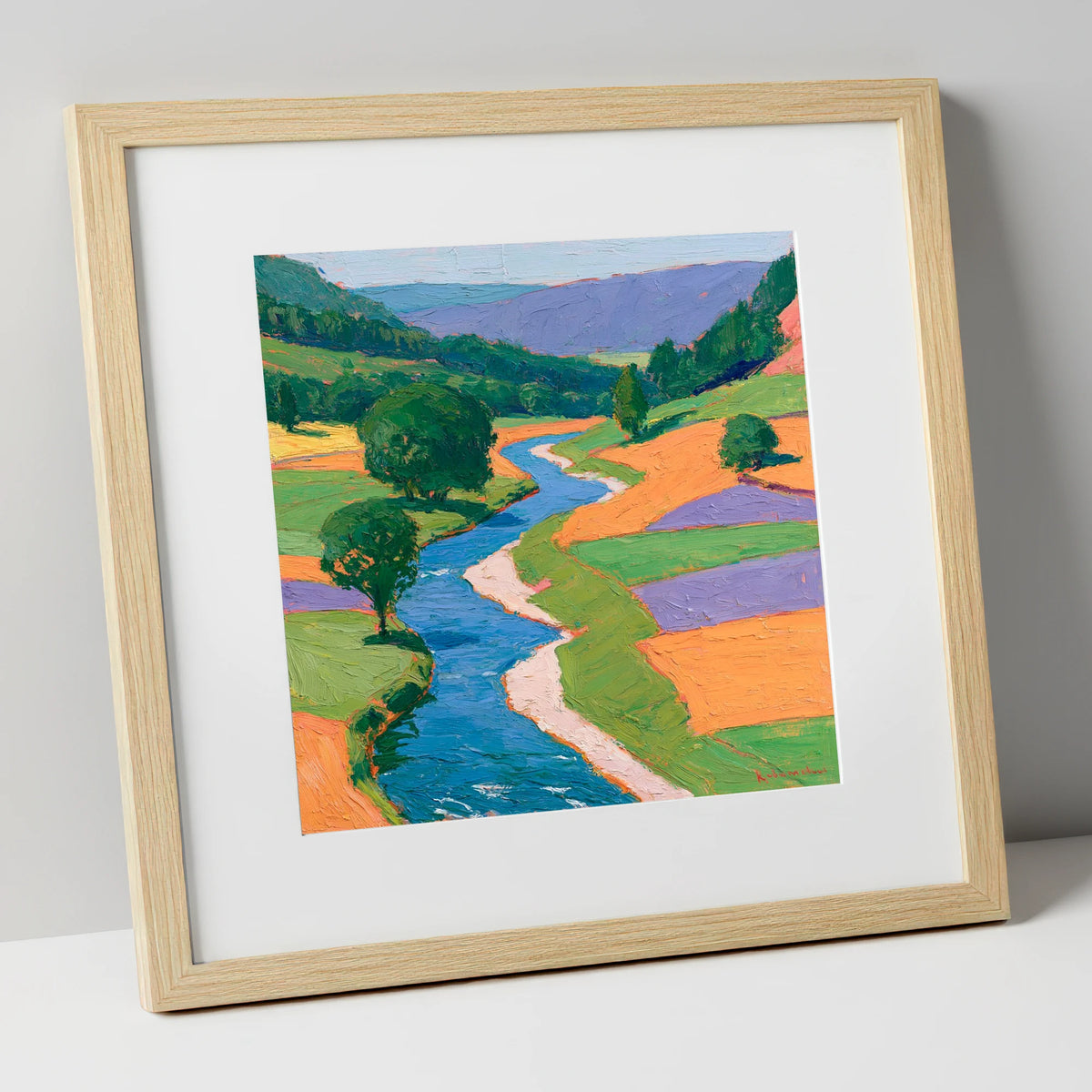 Electric Blue Winding River Valley lake district waterfall art print in natural frame