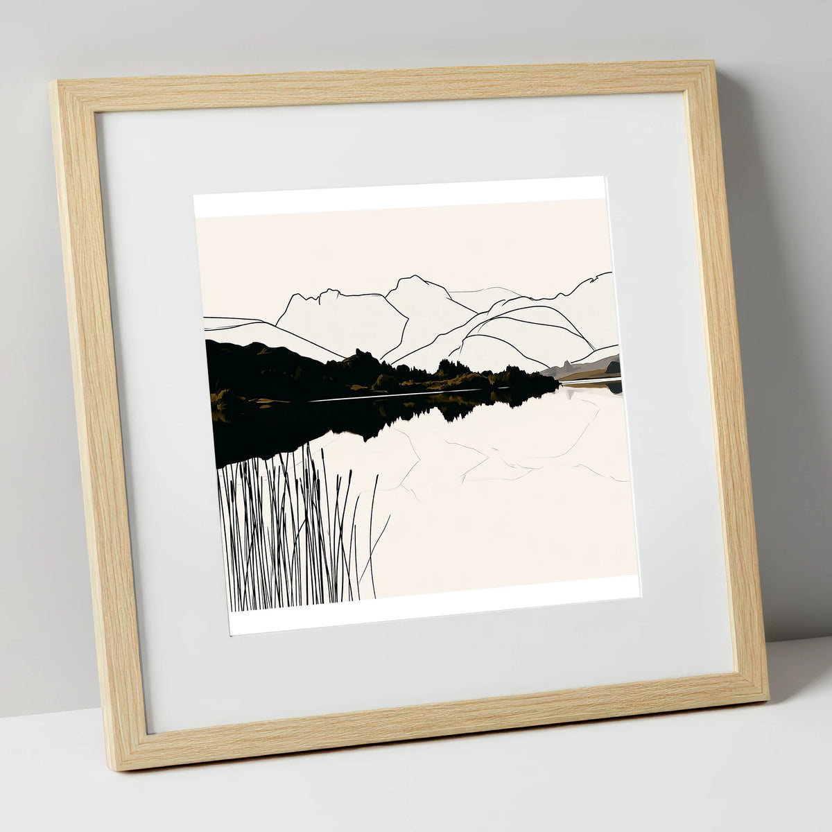 Elterwater Reeds in Black and Cream lake district lake art print in natural frame