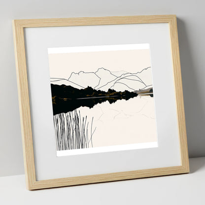 Elterwater Reeds in Black and Cream lake district lake art print in natural frame