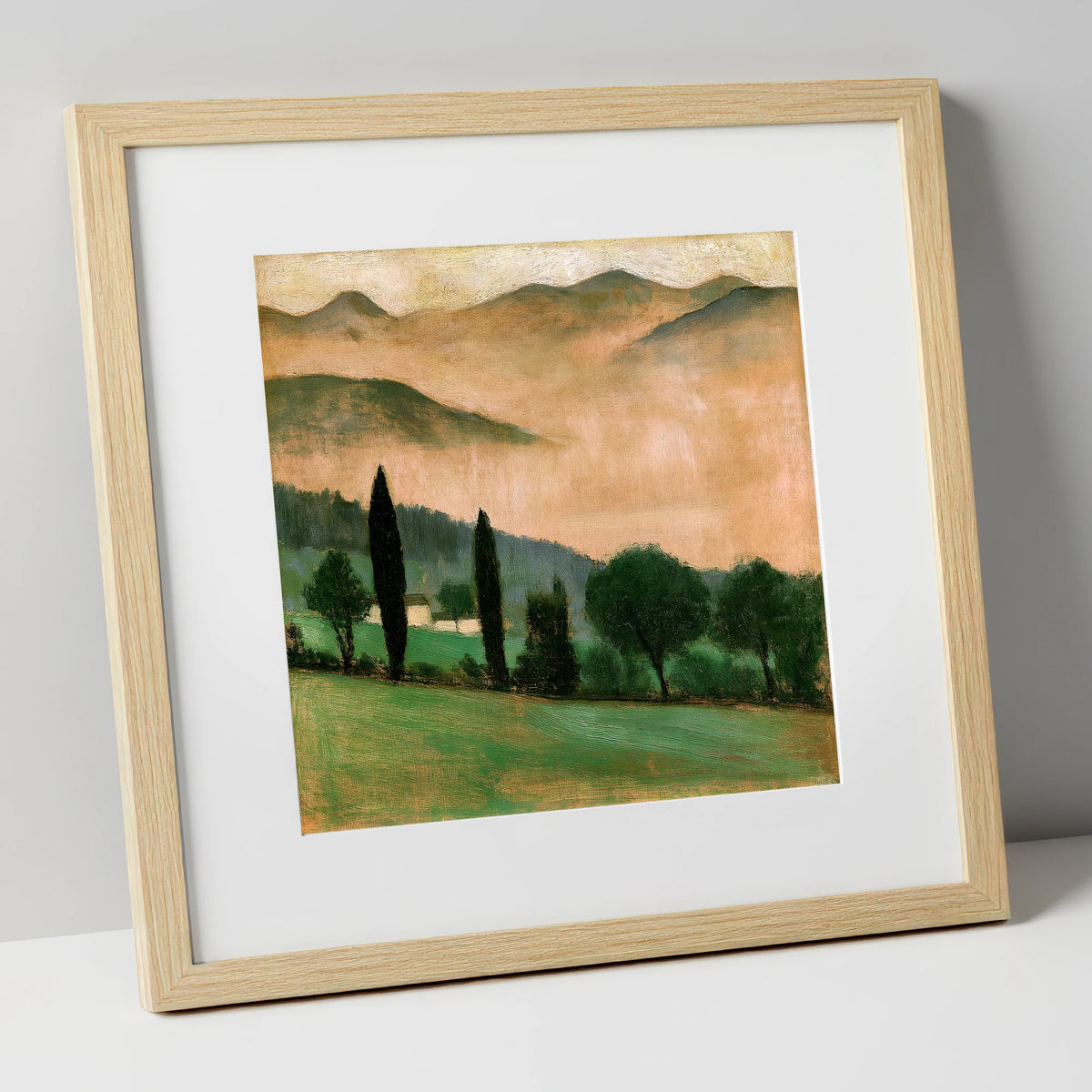 Terracotta Dawn over Misty Valley lake district sky art print in natural frame