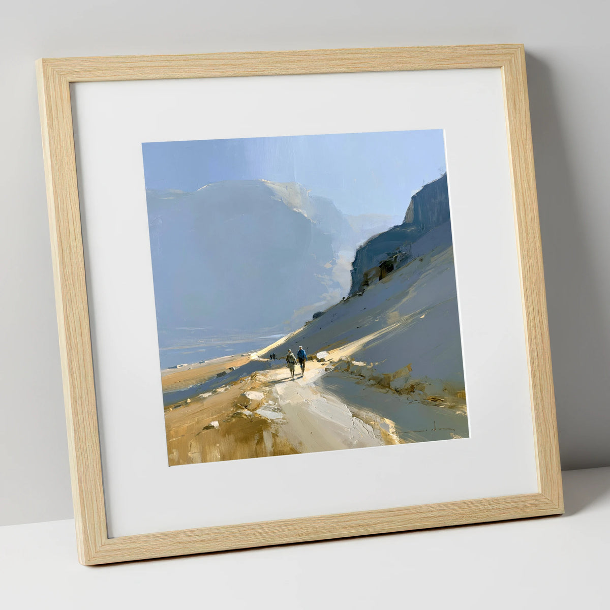 Walkers on a Golden Mountain Path lake district walking art print in natural frame