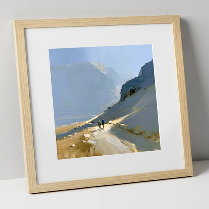 Walkers on a Golden Mountain Path lake district walking art print in natural frame