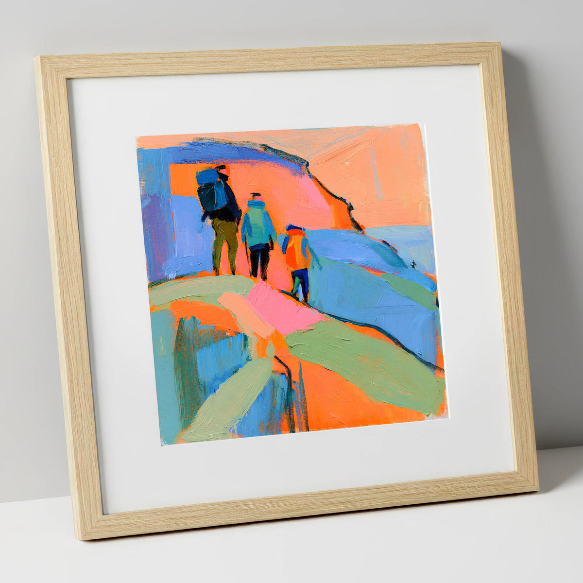 Abstract Hikers on a Fell lake district fell art print in natural frame