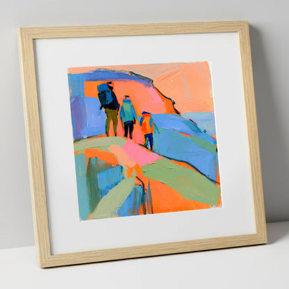 Abstract Hikers on a Fell lake district fell art print in natural frame