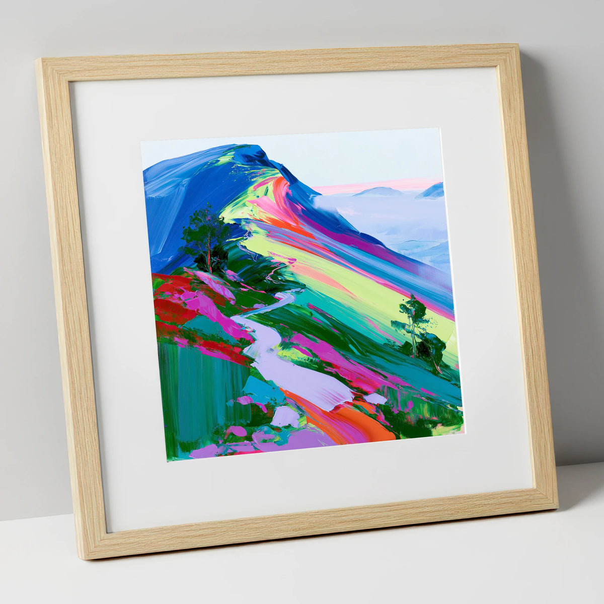 Colourful Mountain Ridge Path lake district fell art print in natural frame