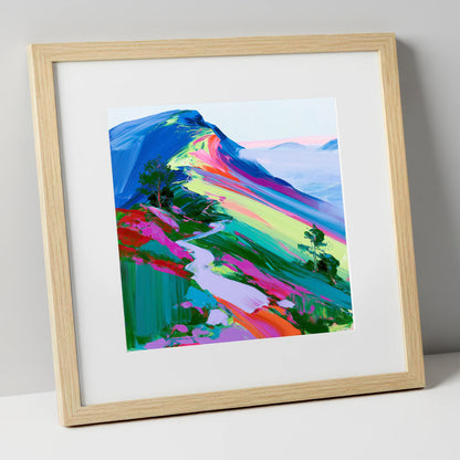 Colourful Mountain Ridge Path lake district fell art print in natural frame