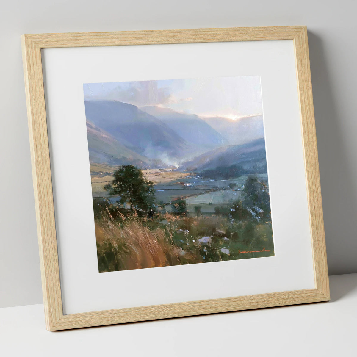 Hazy Sunlight Over Dale Fields lake district valley art print in natural frame