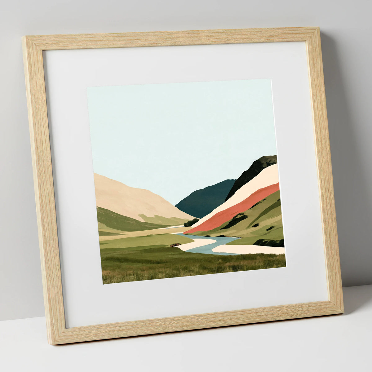 Winding River and Terracotta Fells lake district waterfall art print in natural frame