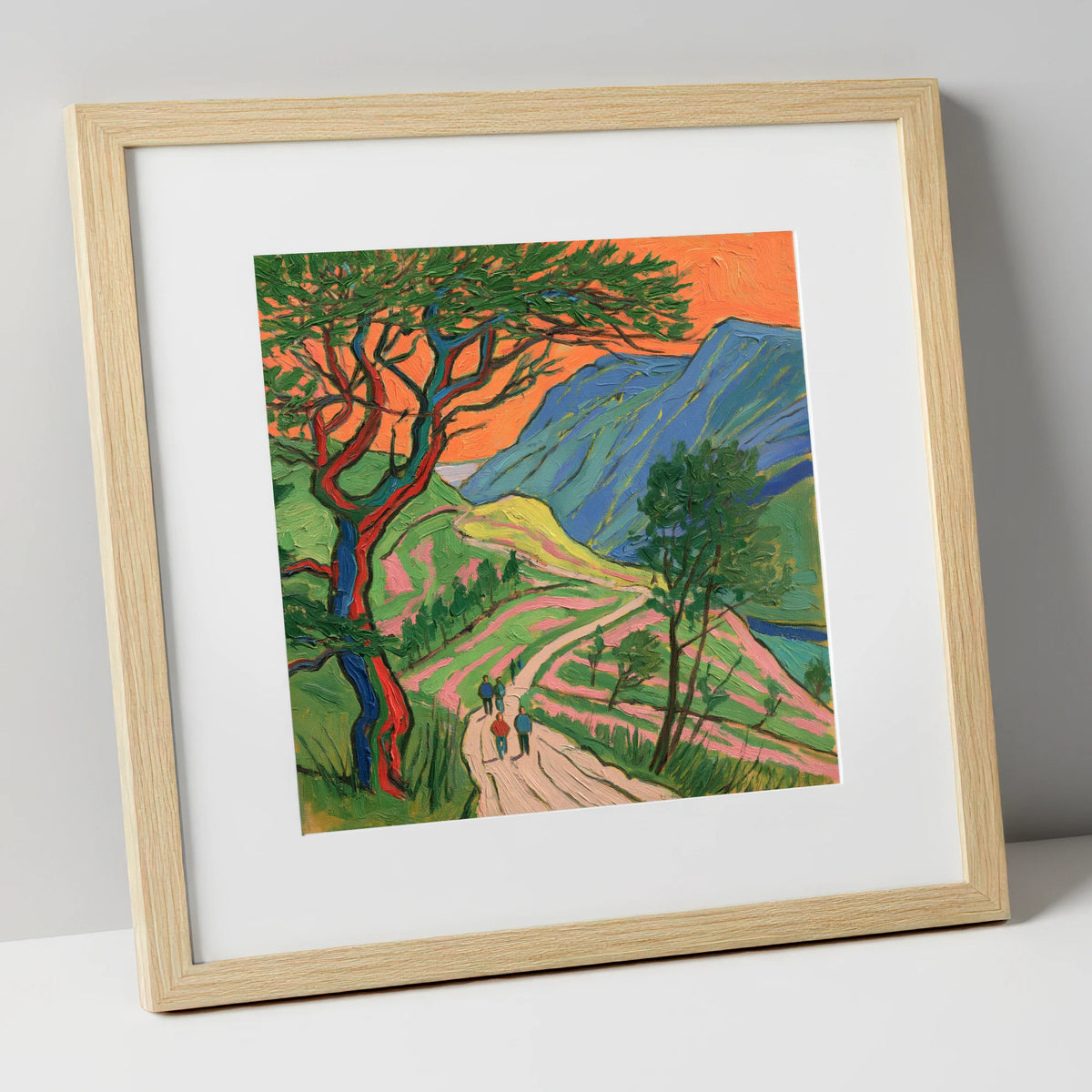 Fell Path Beneath an Orange Sky lake district walking art print in natural frame