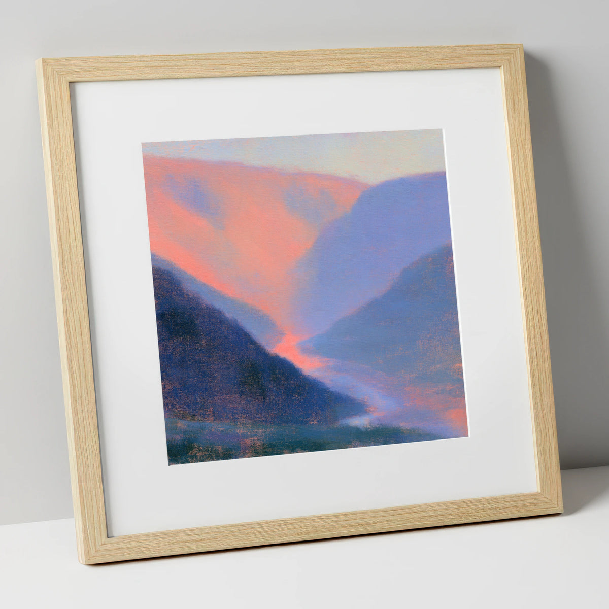 Winding River in Peach Twilight lake district waterfall art print in natural frame