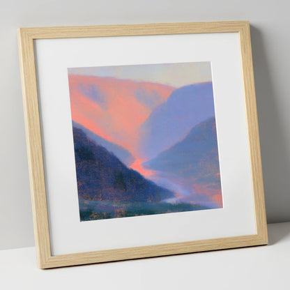 Winding River in Peach Twilight lake district waterfall art print in natural frame