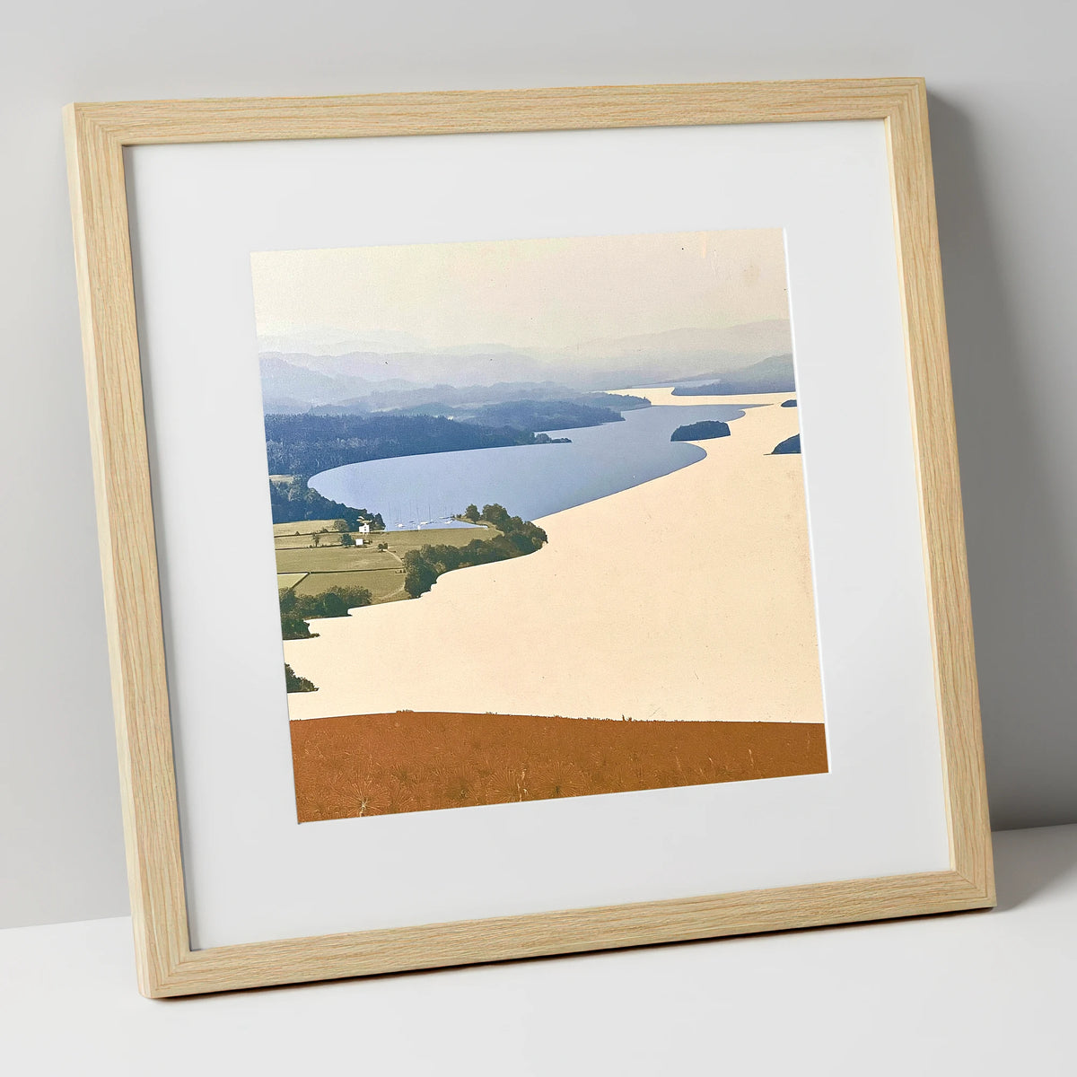 Slate Blue Windermere from Above lake district lake art print in natural frame
