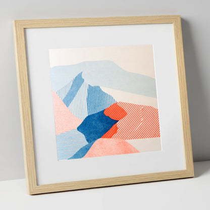 Abstract Skiddaw in Blue and Coral lake district fell art print in natural frame