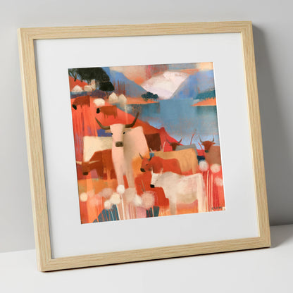 Coral Fells and Highland Cattle lake district wildlife art print in natural frame