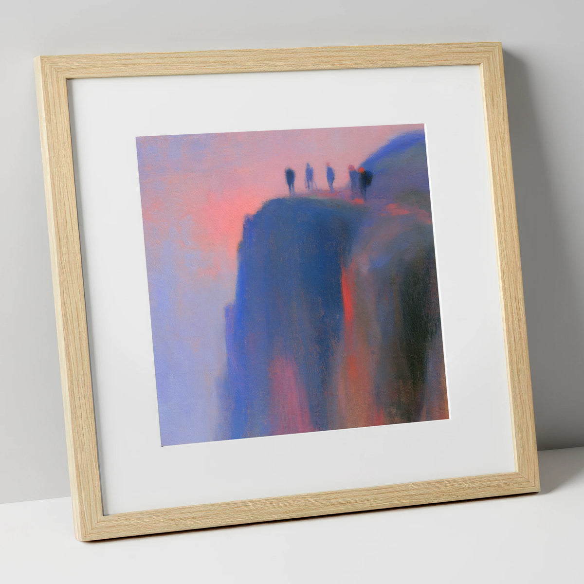 Climbers on a Twilight Crag lake district walking art print in natural frame